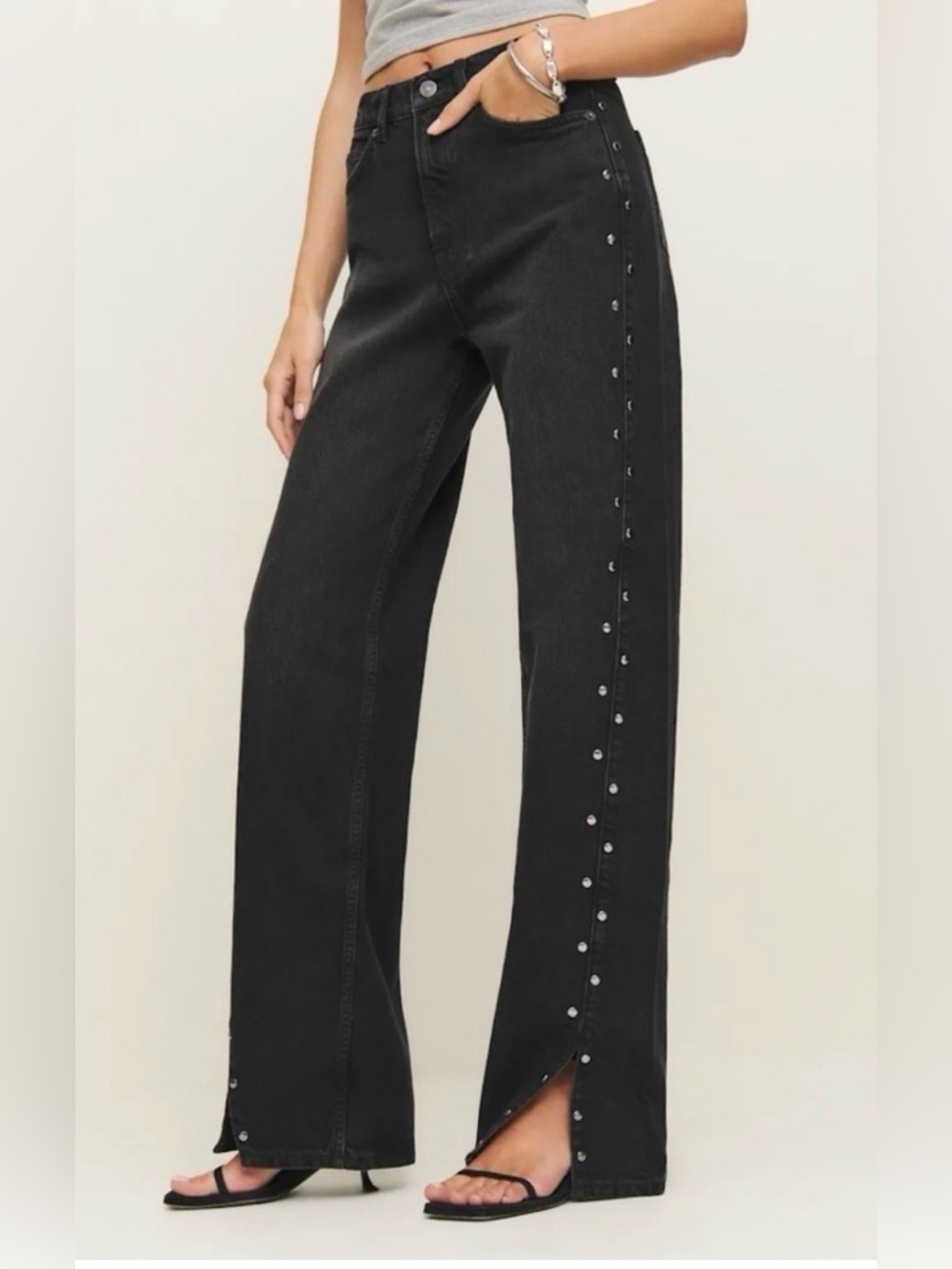 Reformation Cary High Rise Black Stud-Trim High-Rise Wide-Leg Jeans 27